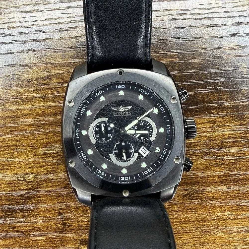 Invicta S1 Rally 5164 Mens Black Chronograph Quartz Watch Leather Band 100M